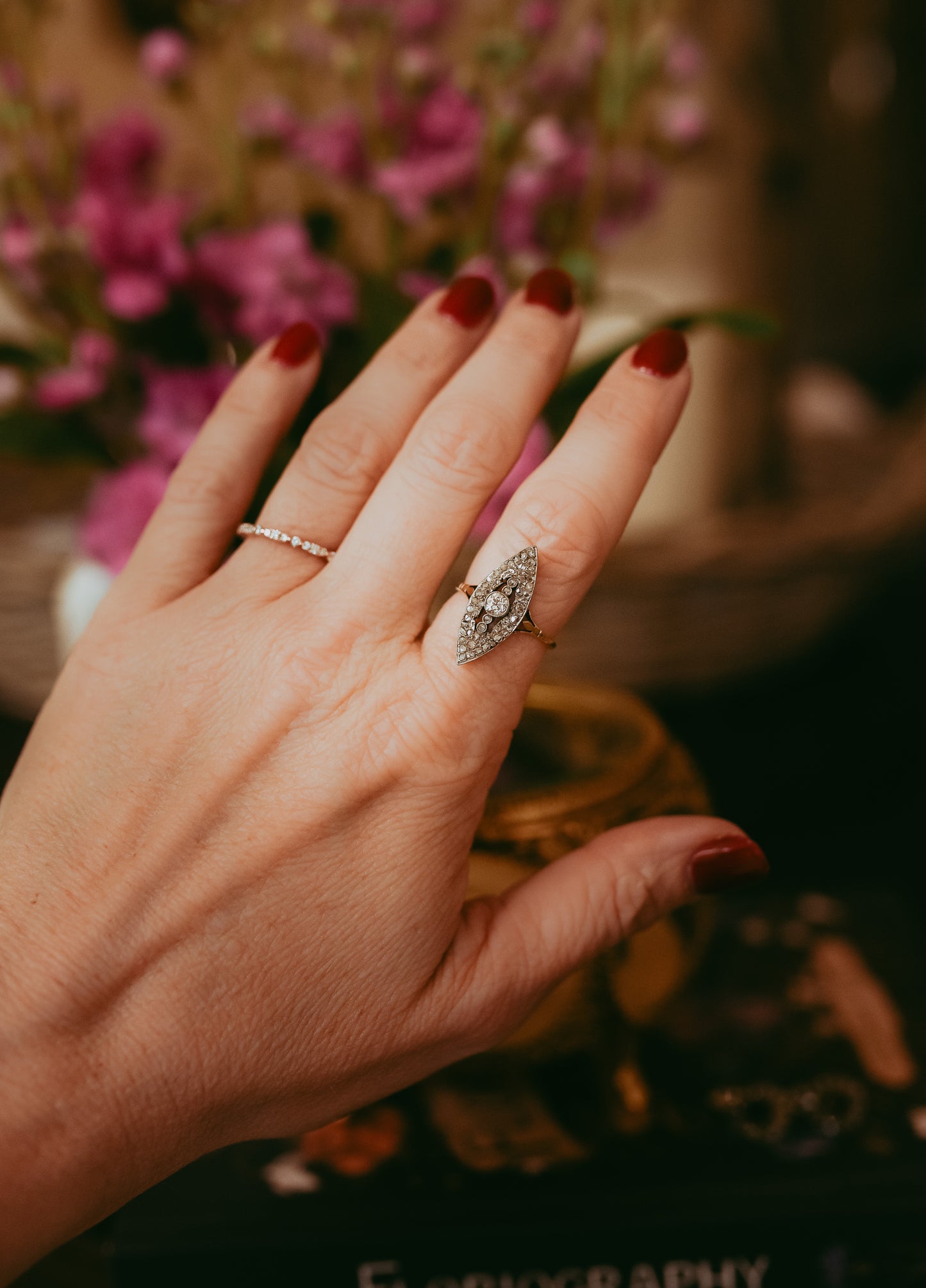 Antique Diamond Navette Ring | Old Mine Cut & Rose Cut Diamonds in 14K Gold & Platinum | Circa 1895–1910