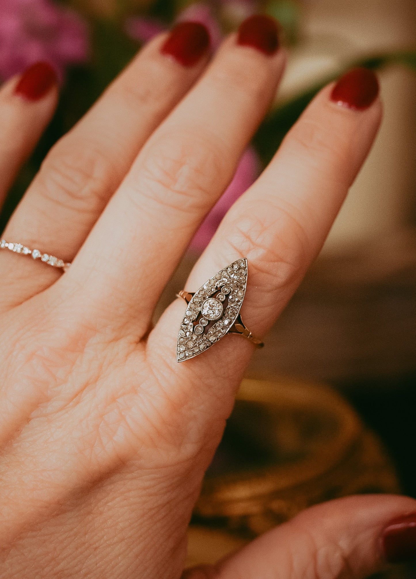 Antique Diamond Navette Ring | Old Mine Cut & Rose Cut Diamonds in 14K Gold & Platinum | Circa 1895–1910
