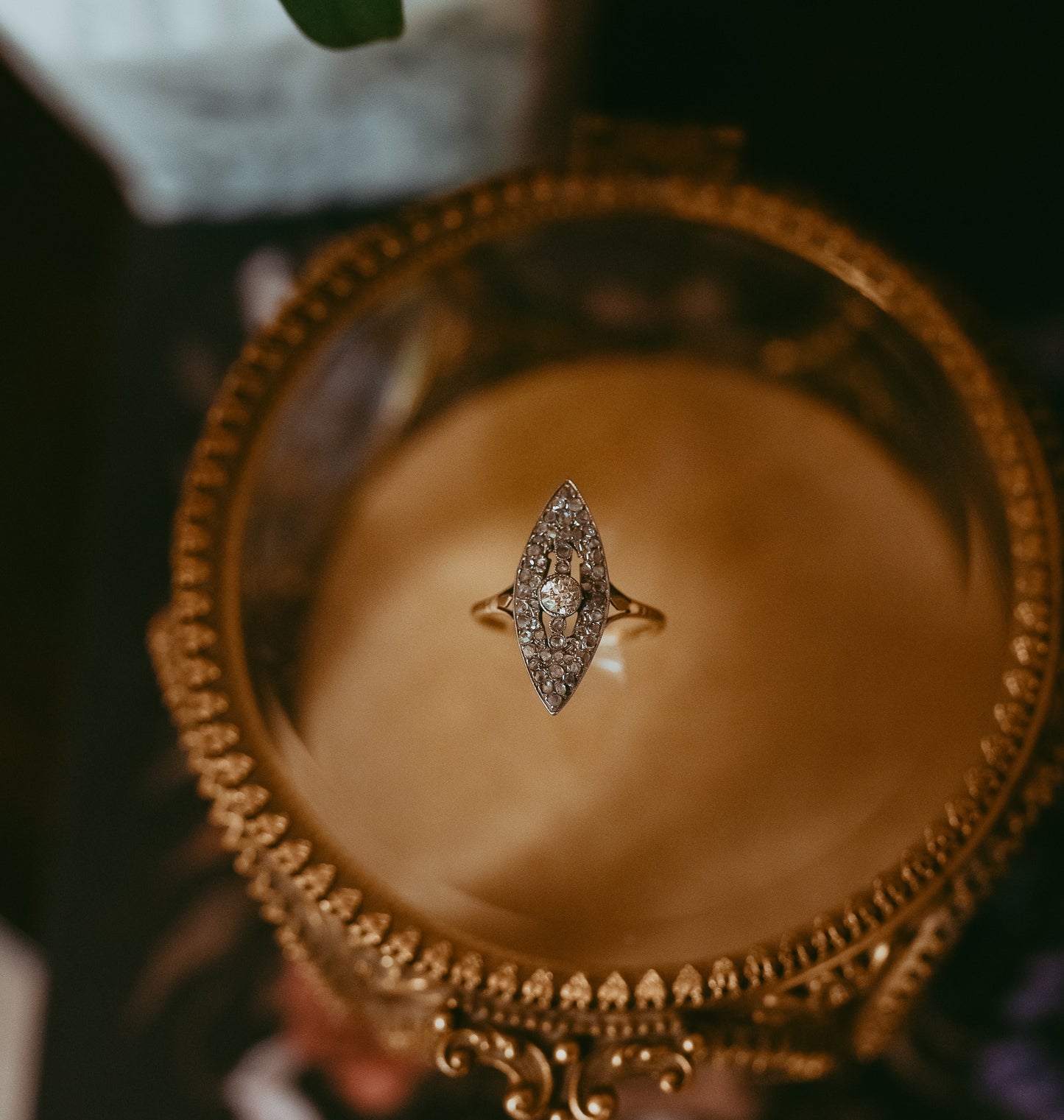 Antique Diamond Navette Ring | Old Mine Cut & Rose Cut Diamonds in 14K Gold & Platinum | Circa 1895–1910