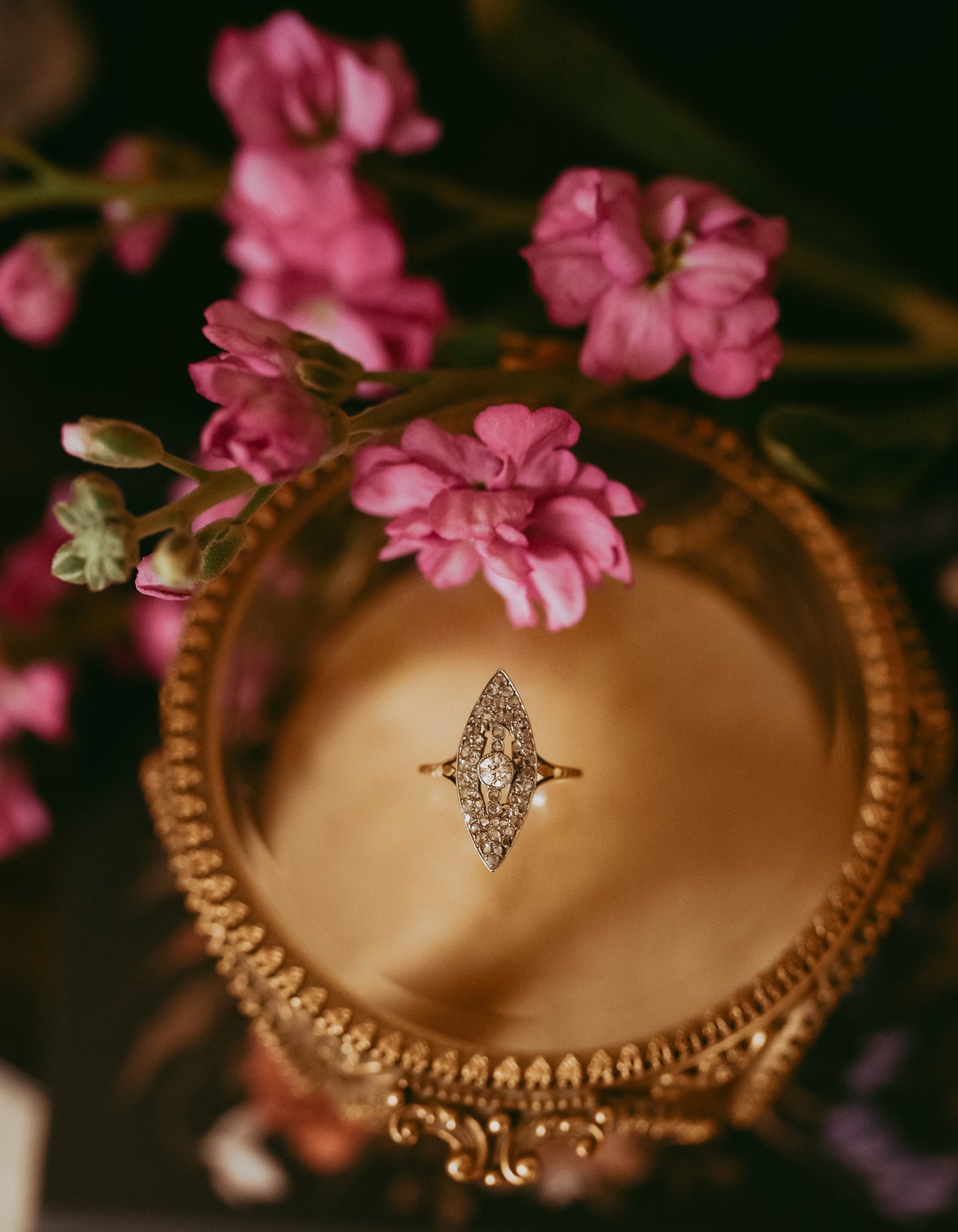 Antique Diamond Navette Ring | Old Mine Cut & Rose Cut Diamonds in 14K Gold & Platinum | Circa 1895–1910