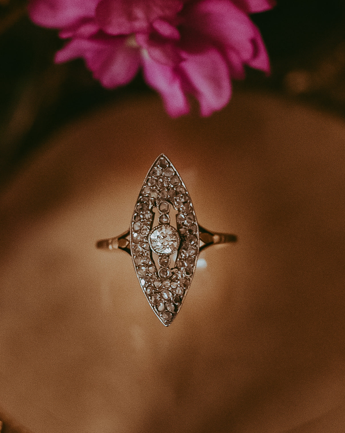 Antique Diamond Navette Ring | Old Mine Cut & Rose Cut Diamonds in 14K Gold & Platinum | Circa 1895–1910