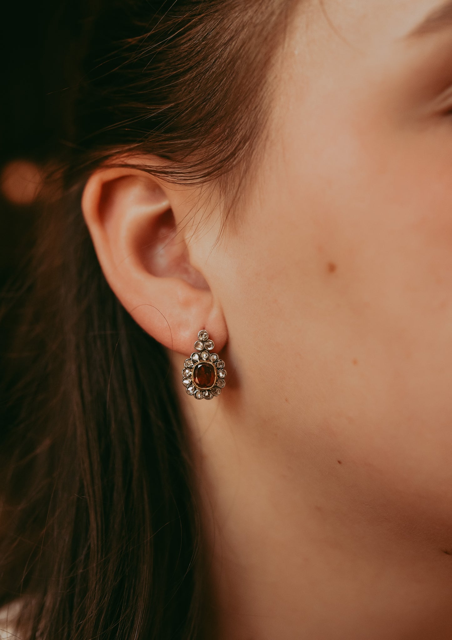 Antique Garnet & Rose Cut Diamond Cluster Drop Earrings