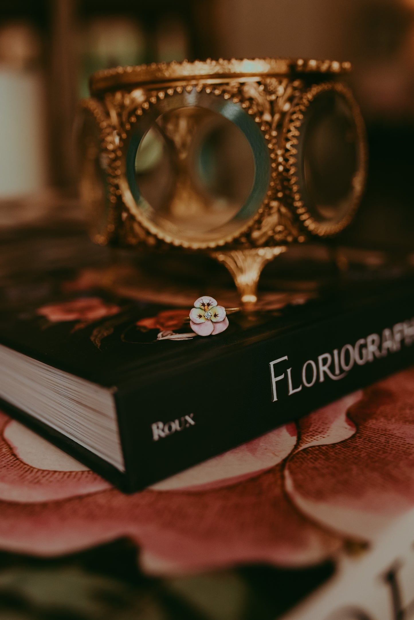 Mid-Century 14K Gold Enamel Pansy Ring | 1950s Diamond Flower Ring | Size 6.5
