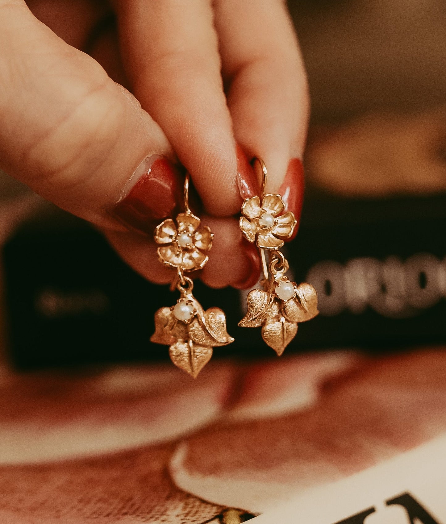 Vintage 14K Gold Cultured Pearl Floral Dangle Earrings | Romantic Botanical Earrings