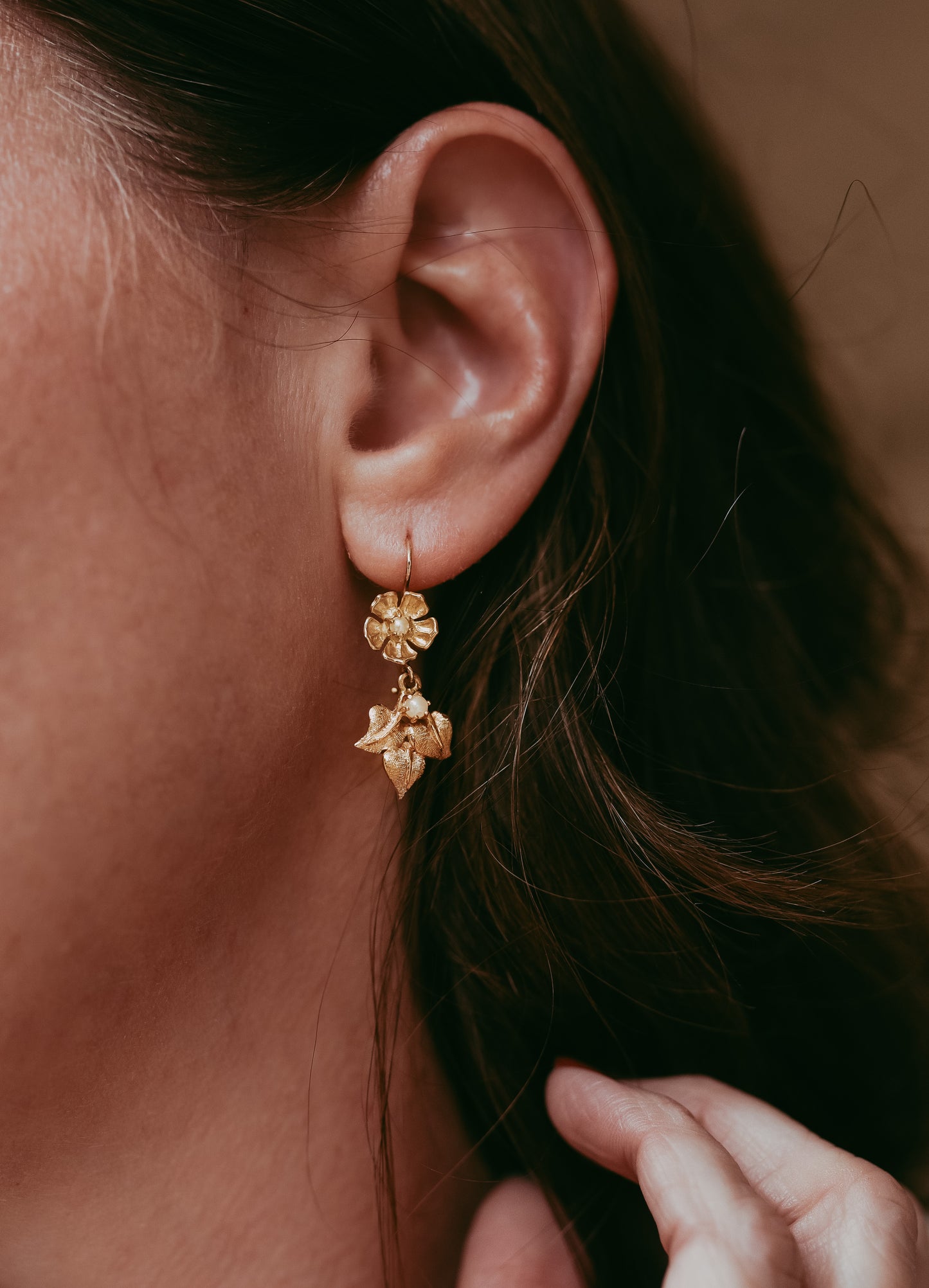 Vintage 14K Gold Cultured Pearl Floral Dangle Earrings | Romantic Botanical Earrings