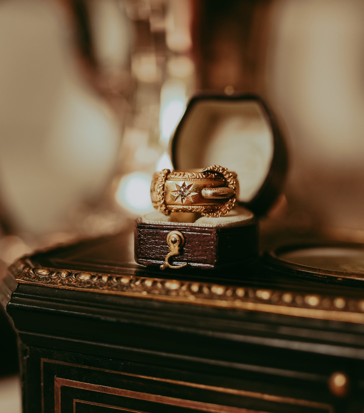 Victorian 18K Yellow Gold Buckle Ring – Chester 1870 Hallmarked Diamond Star Band | Antique Engagement Ring