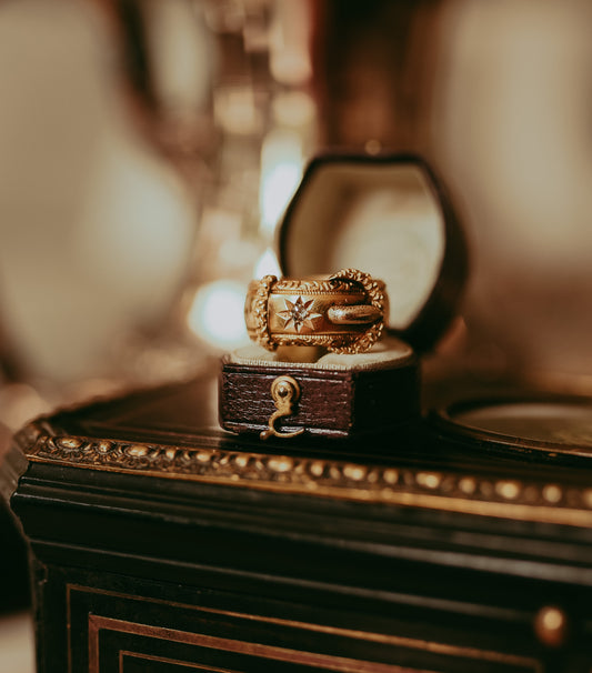 Victorian 18K Yellow Gold Buckle Ring – Chester 1870 Hallmarked Diamond Star Band | Antique Engagement Ring