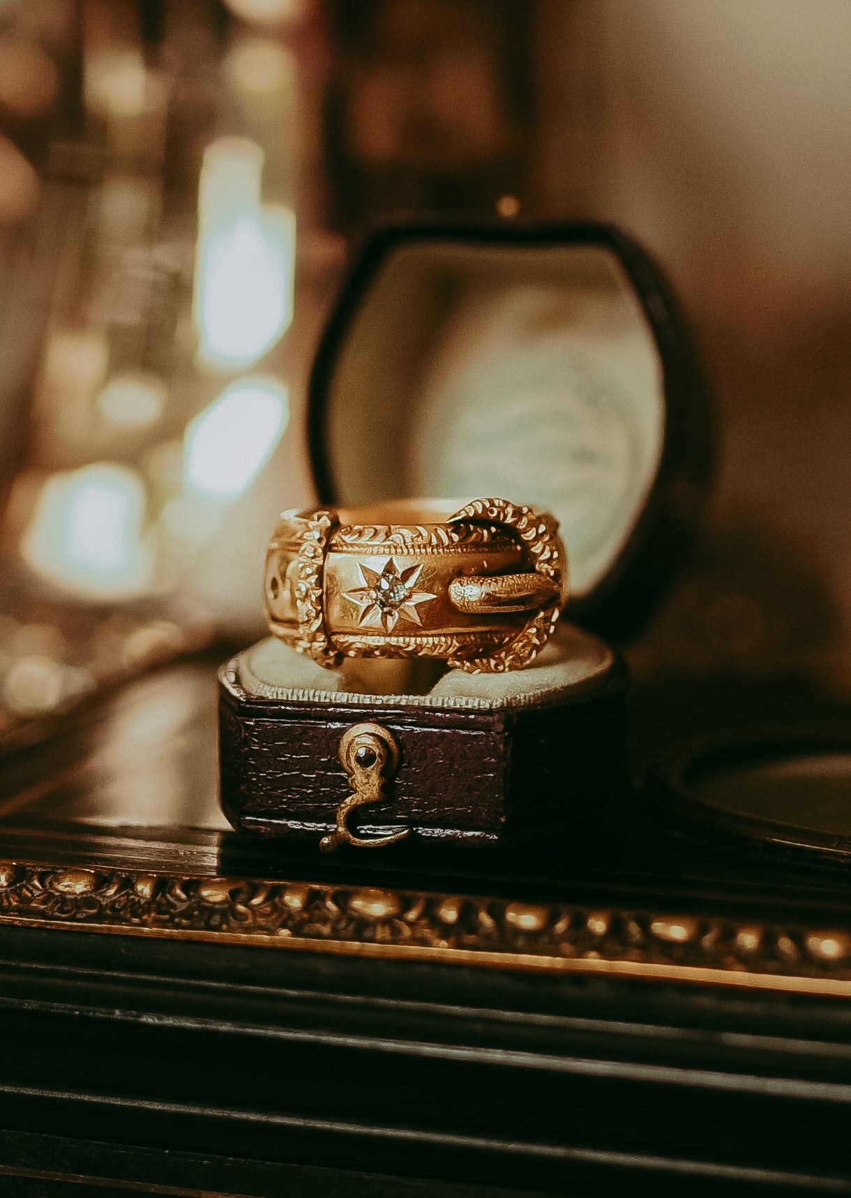 Victorian 18K Yellow Gold Buckle Ring – Chester 1870 Hallmarked Diamond Star Band | Antique Engagement Ring