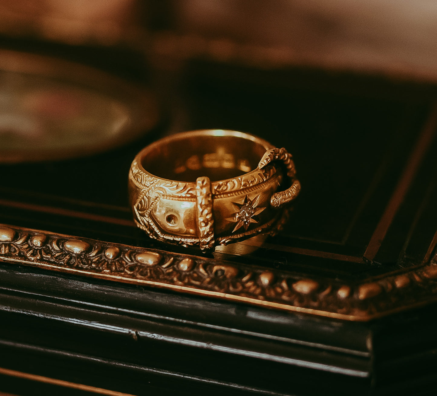 Victorian 18K Yellow Gold Buckle Ring – Chester 1870 Hallmarked Diamond Star Band | Antique Engagement Ring