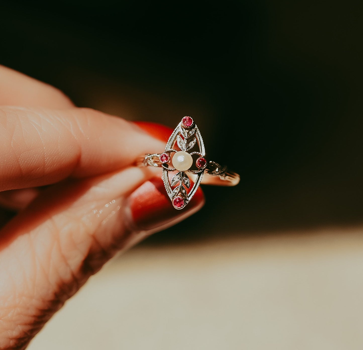 Antique French Pearl, Ruby & Diamond Navette Ring | Platinum & 18K Gold | Circa 1880–1890