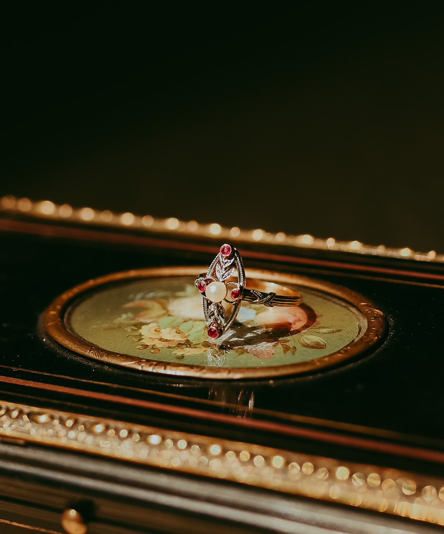 Antique French Pearl, Ruby & Diamond Navette Ring | Platinum & 18K Gold | Circa 1880–1890