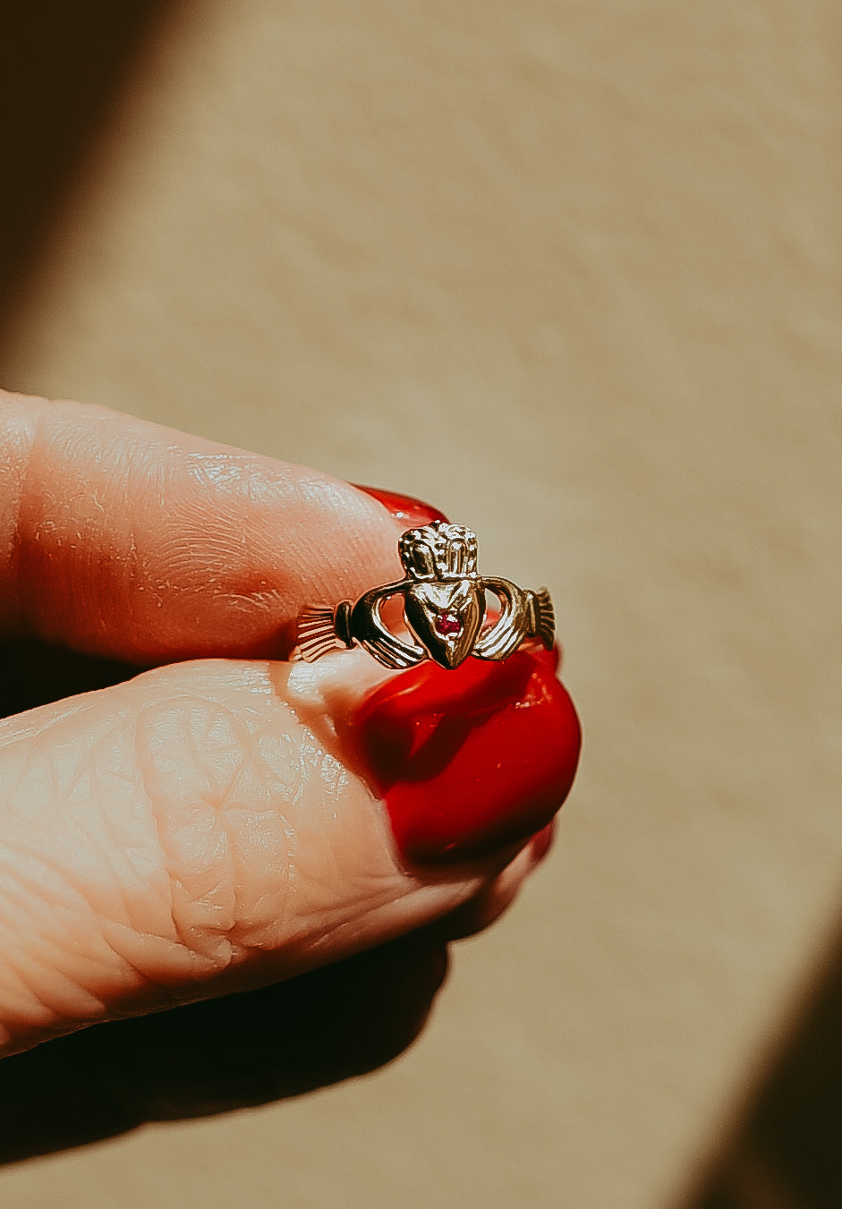 Vintage Irish Claddagh Ring | 9K Gold Ruby Heart | Size 4 Pinky Ring