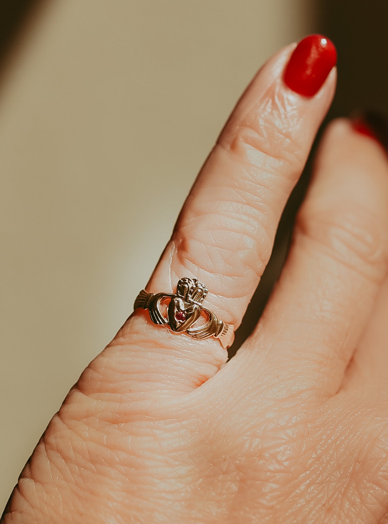 Vintage Irish Claddagh Ring | 9K Gold Ruby Heart | Size 4 Pinky Ring