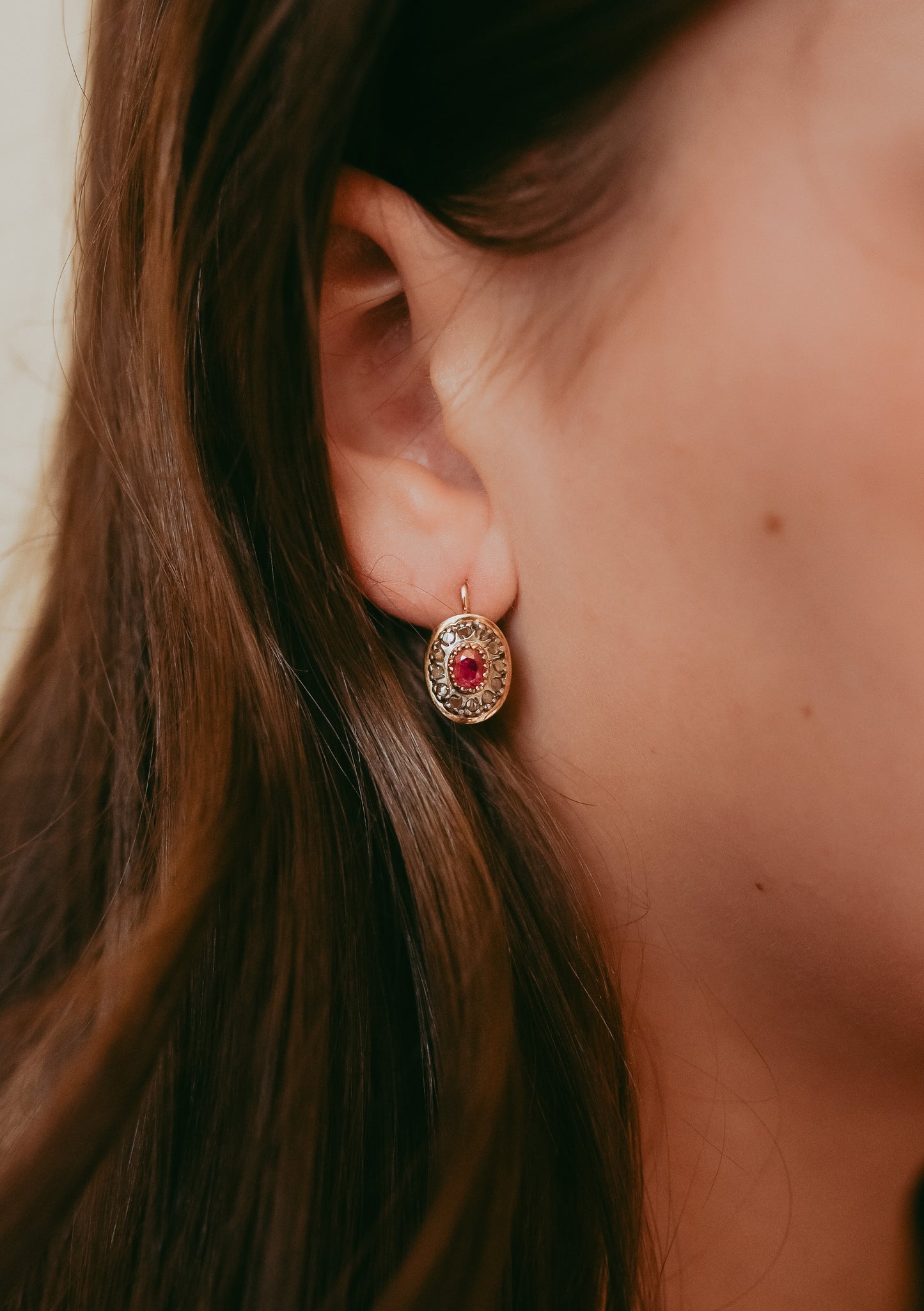 Antique (Circa 1880-1900) Ruby & Rose Cut Diamond Earrings in 14K Gold | Silver-Topped Italian Estate Earrings