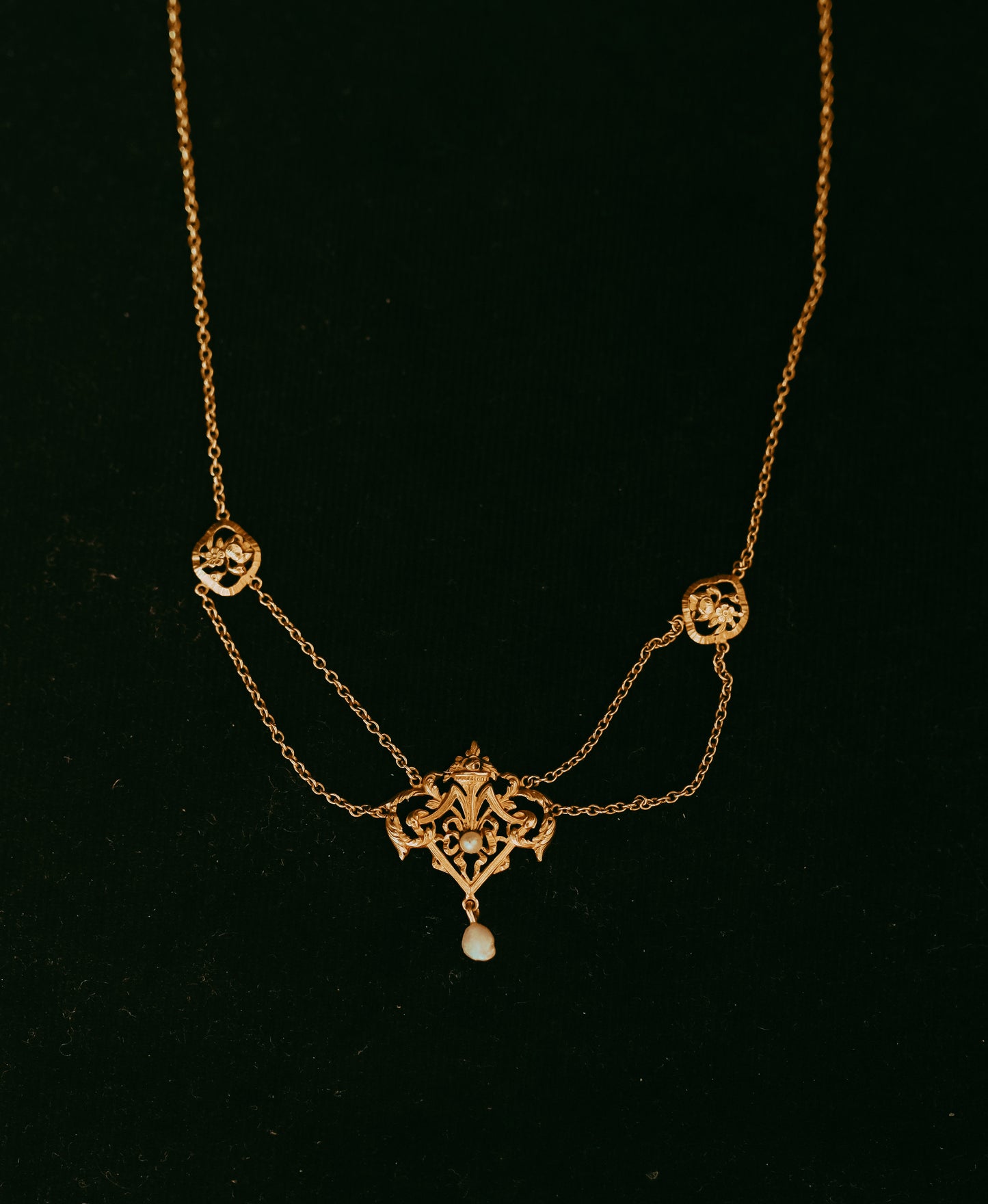 Antique French 18K Gold Festoon Necklace | Seed Pearl & Baroque Pearl Drop | Belle Époque