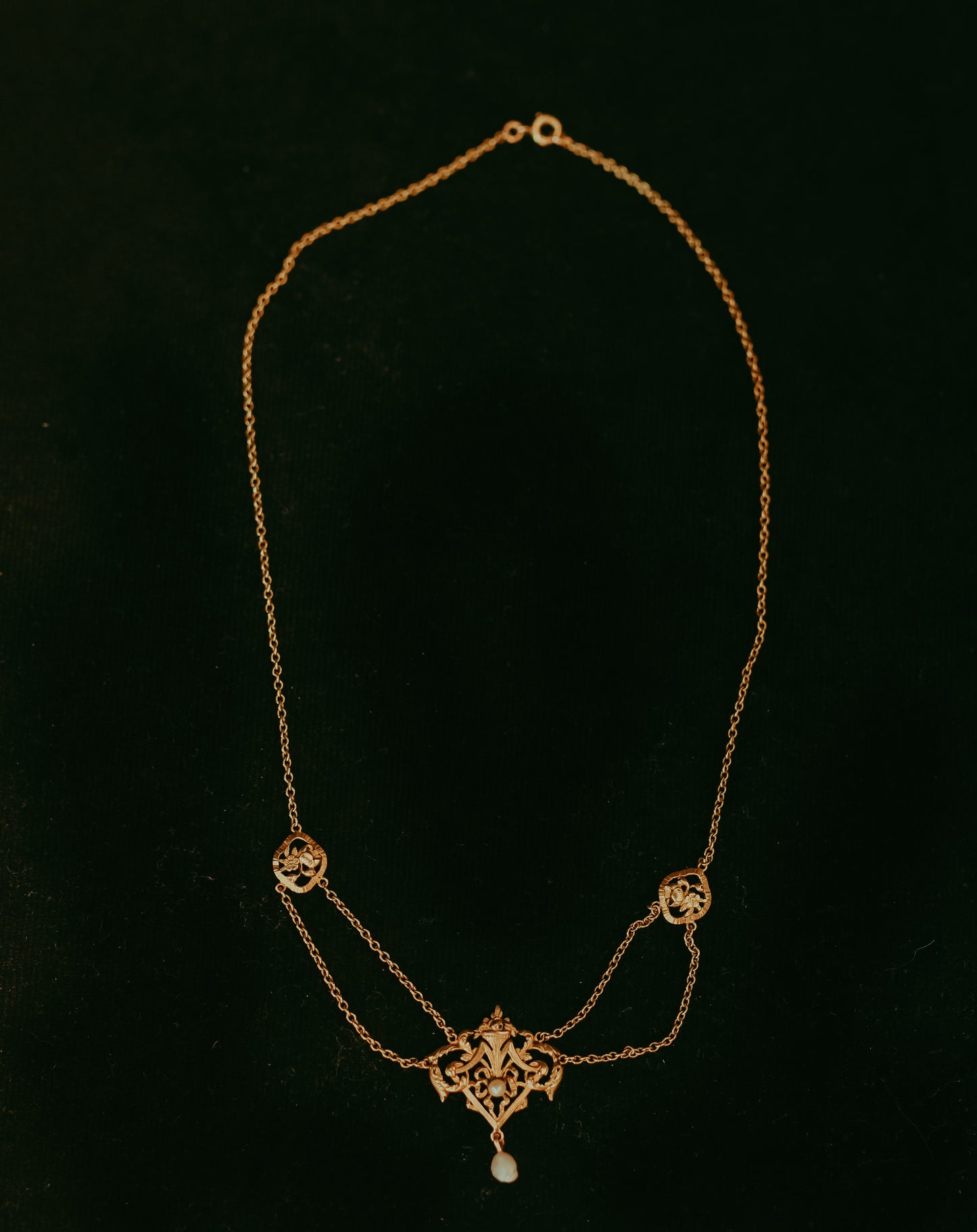 Antique French 18K Gold Festoon Necklace | Seed Pearl & Baroque Pearl Drop | Belle Époque