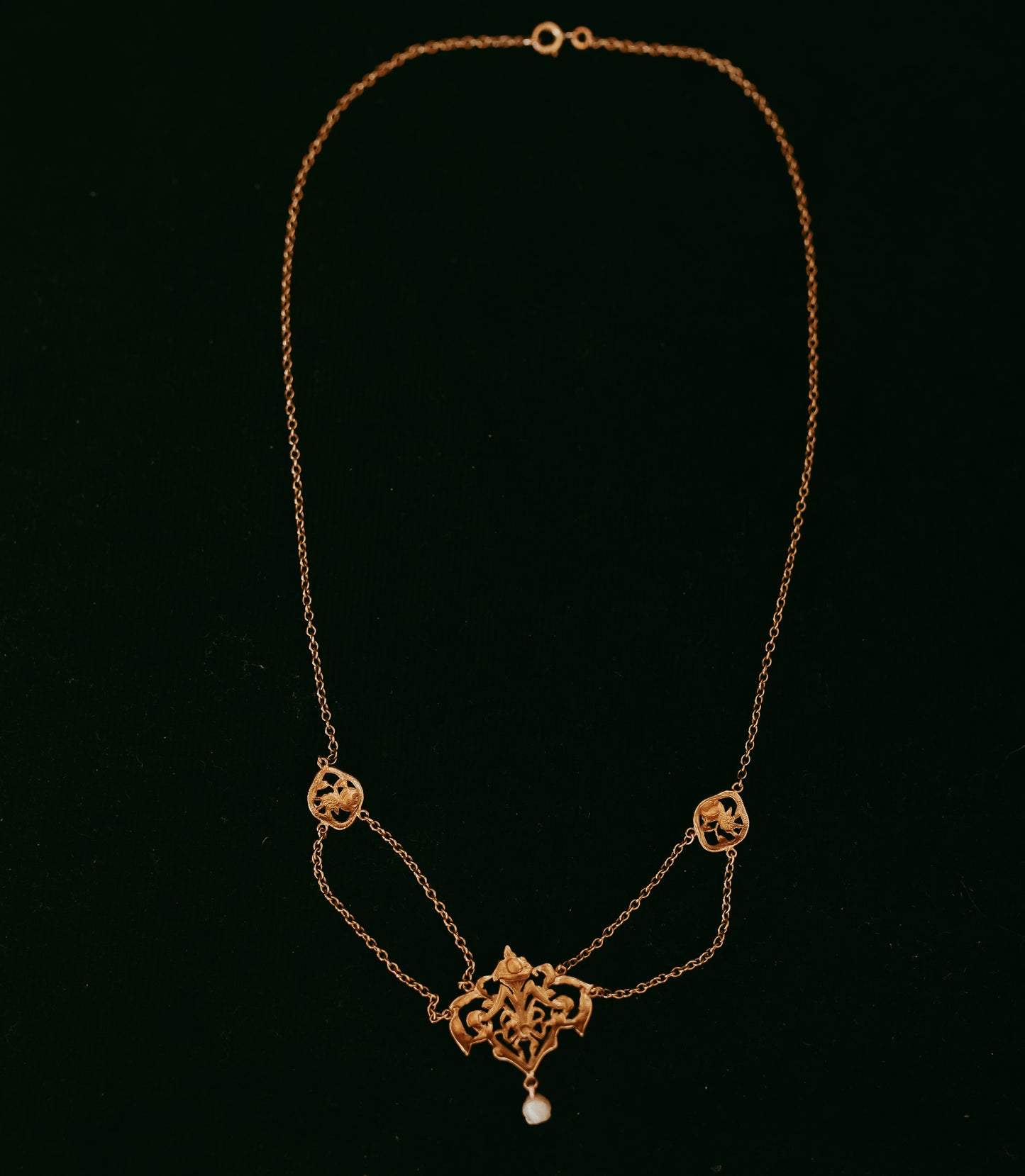 Antique French 18K Gold Festoon Necklace | Seed Pearl & Baroque Pearl Drop | Belle Époque