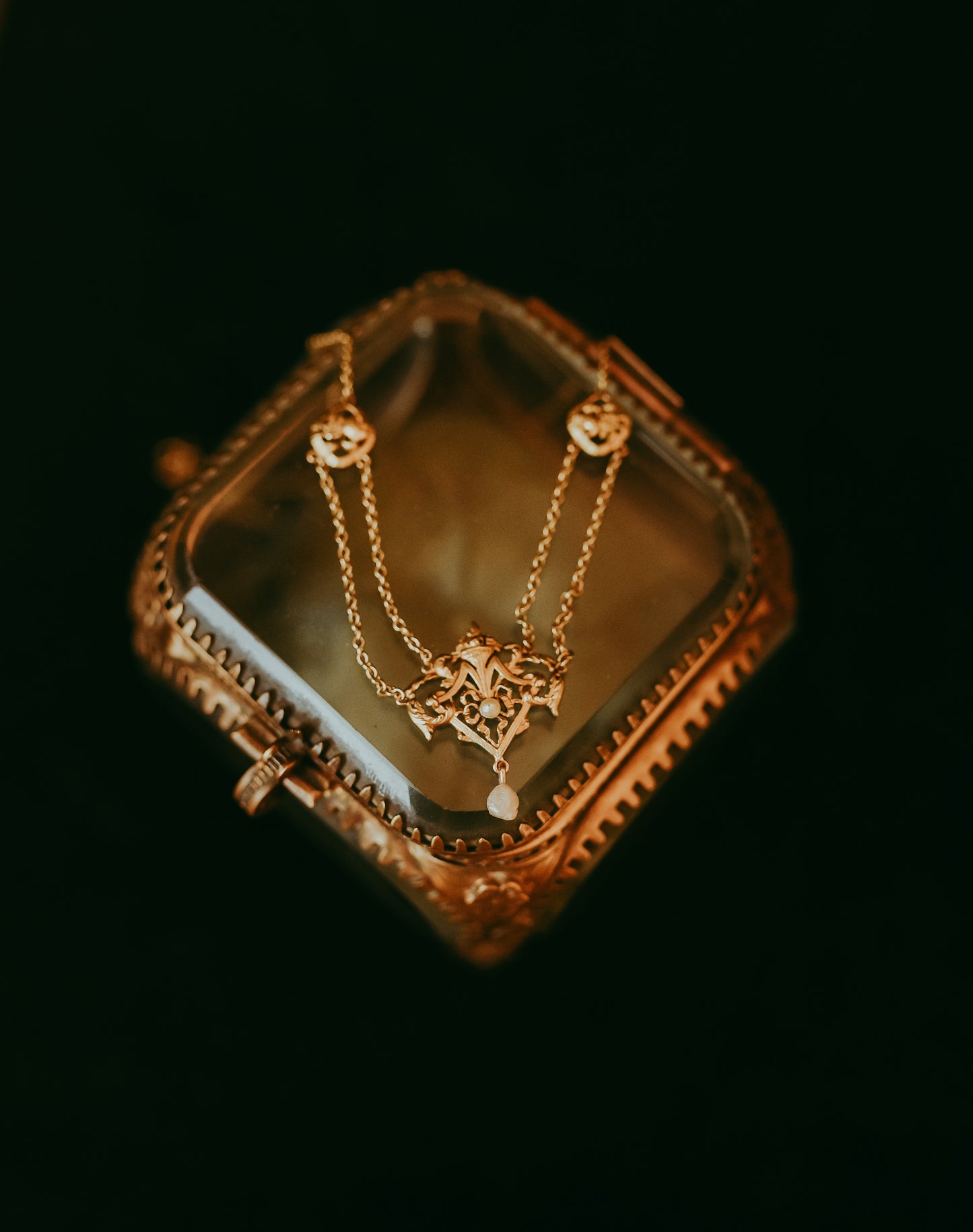 Antique French 18K Gold Festoon Necklace | Seed Pearl & Baroque Pearl Drop | Belle Époque