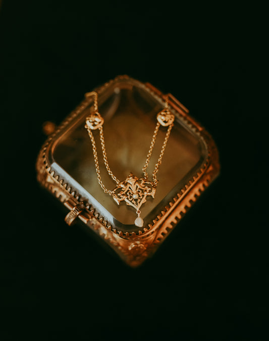 Antique French 18K Gold Festoon Necklace | Seed Pearl & Baroque Pearl Drop | Belle Époque