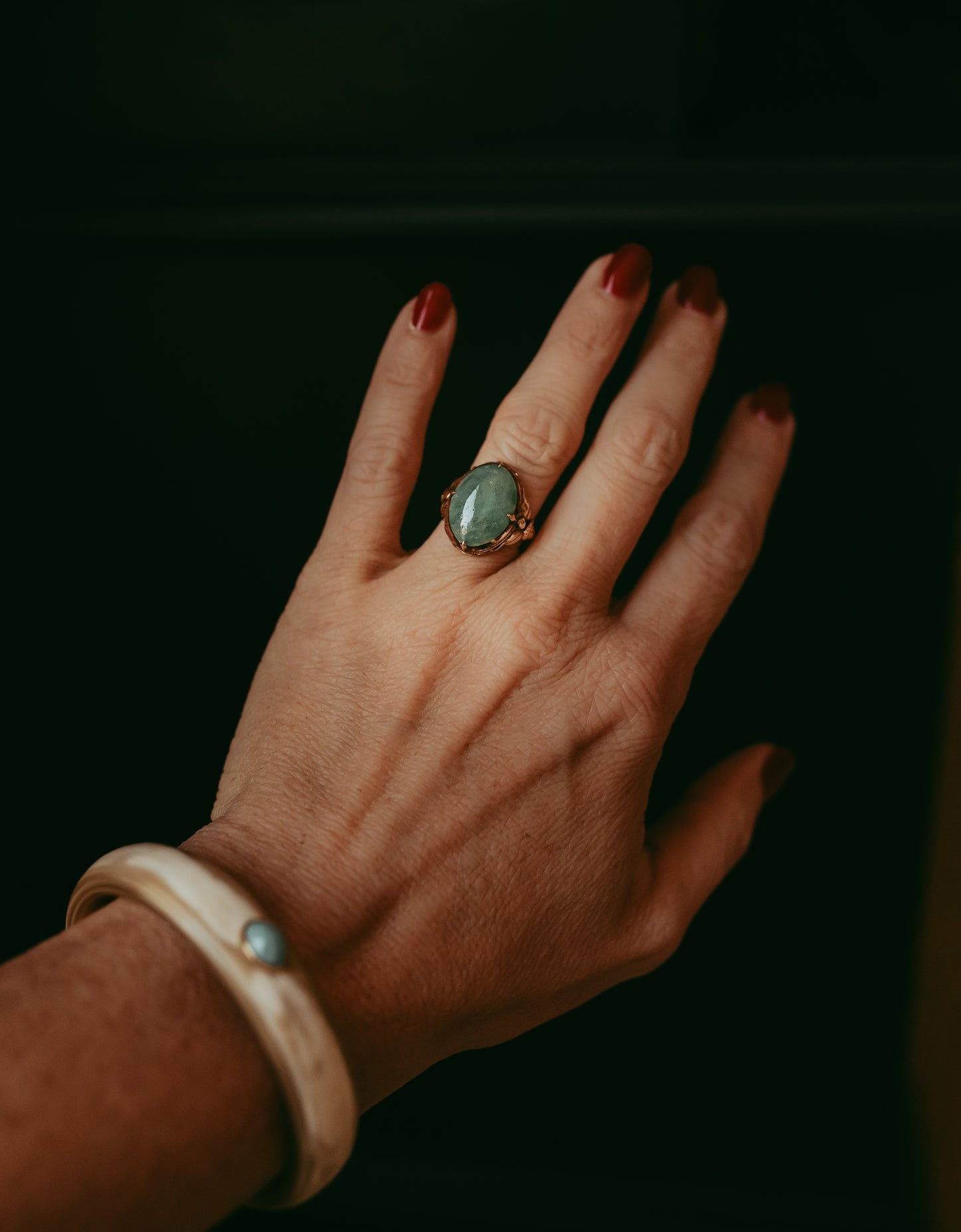 Vintage 14K Gold Natural Jade Ring | Art Nouveau Revival | 1930s–1940s
