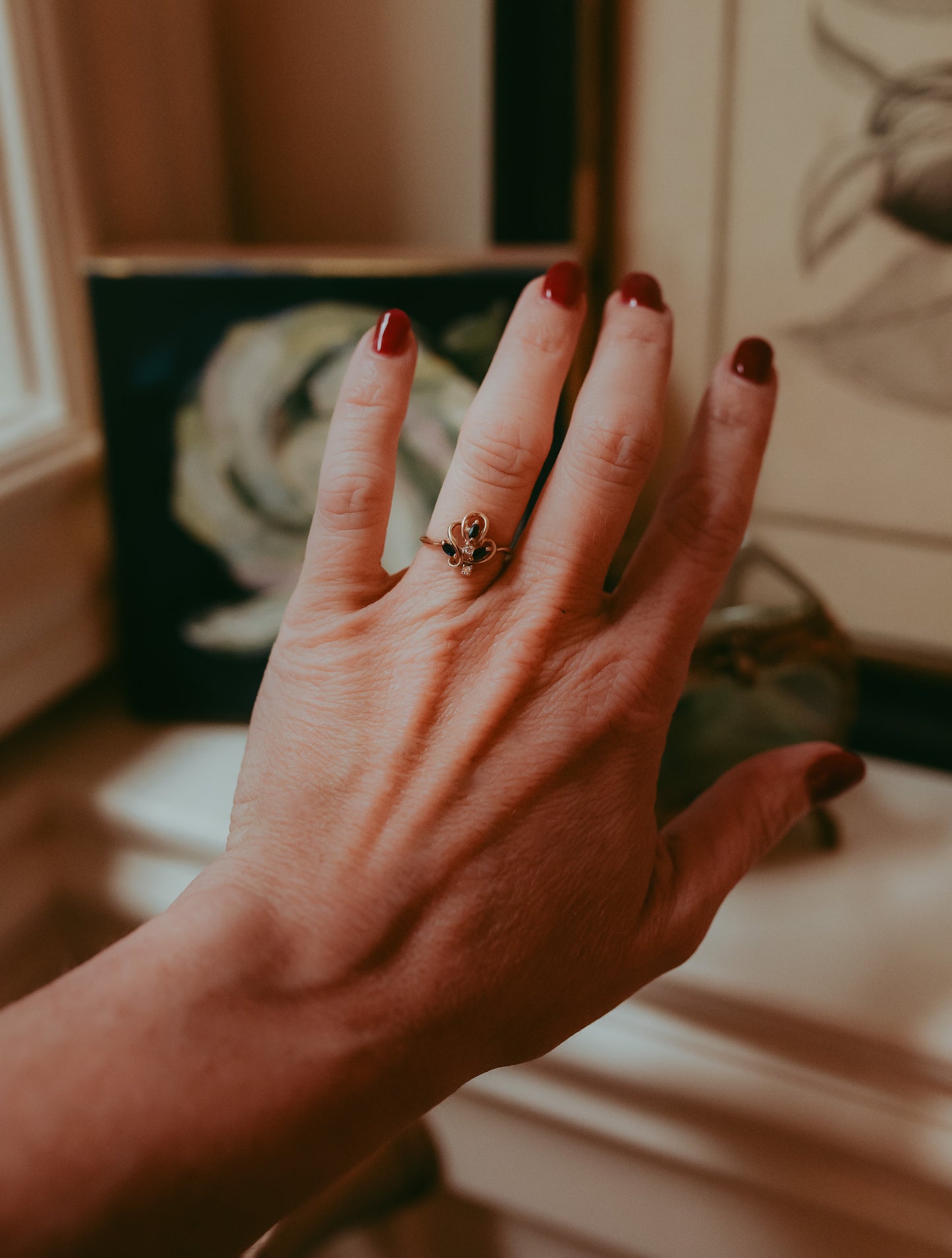 Vintage 14K Gold Sapphire & Diamond Ring | Asymmetrical Floral Design