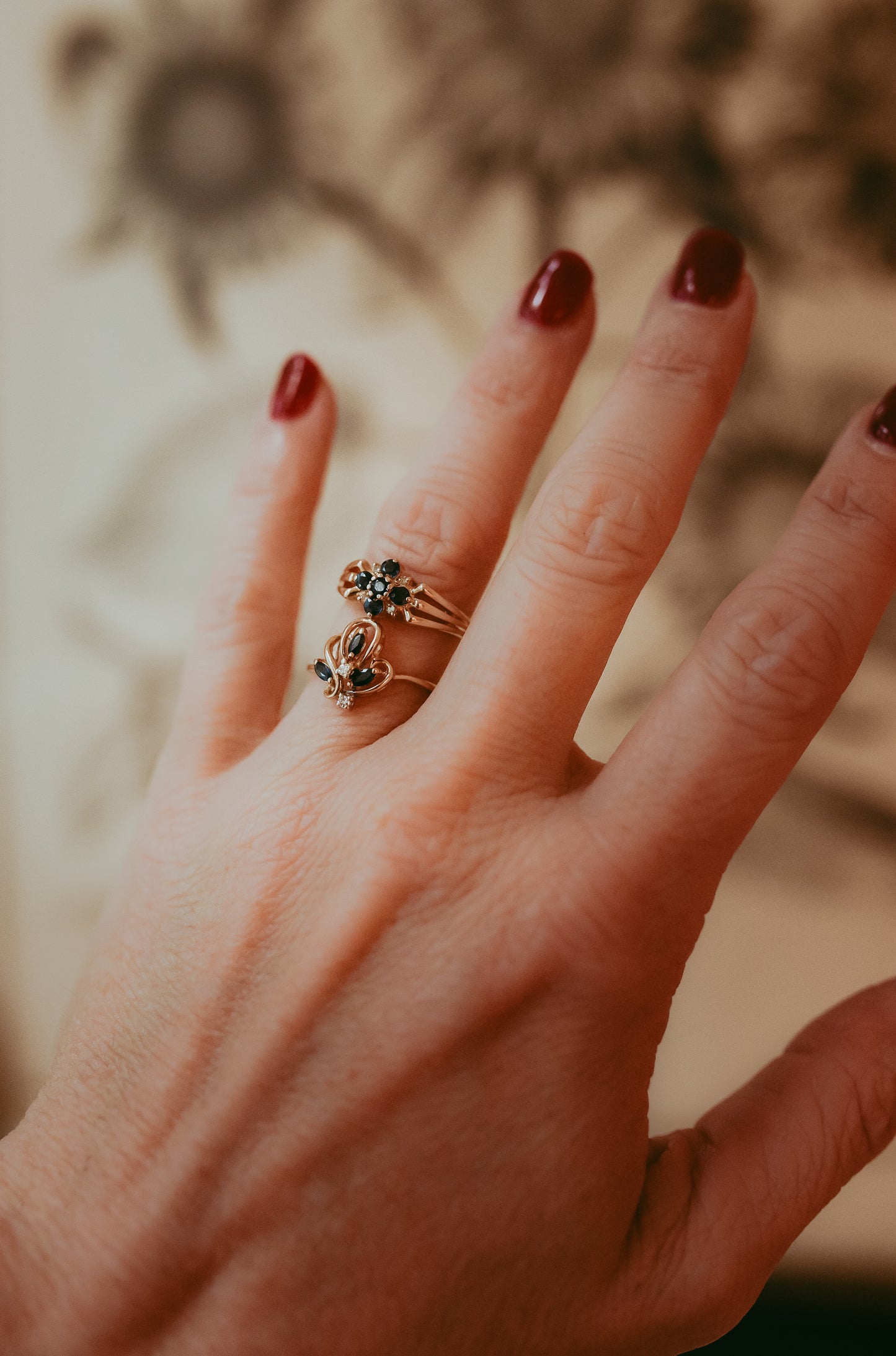 Vintage 14K Gold Sapphire & Diamond Ring | Asymmetrical Floral Design