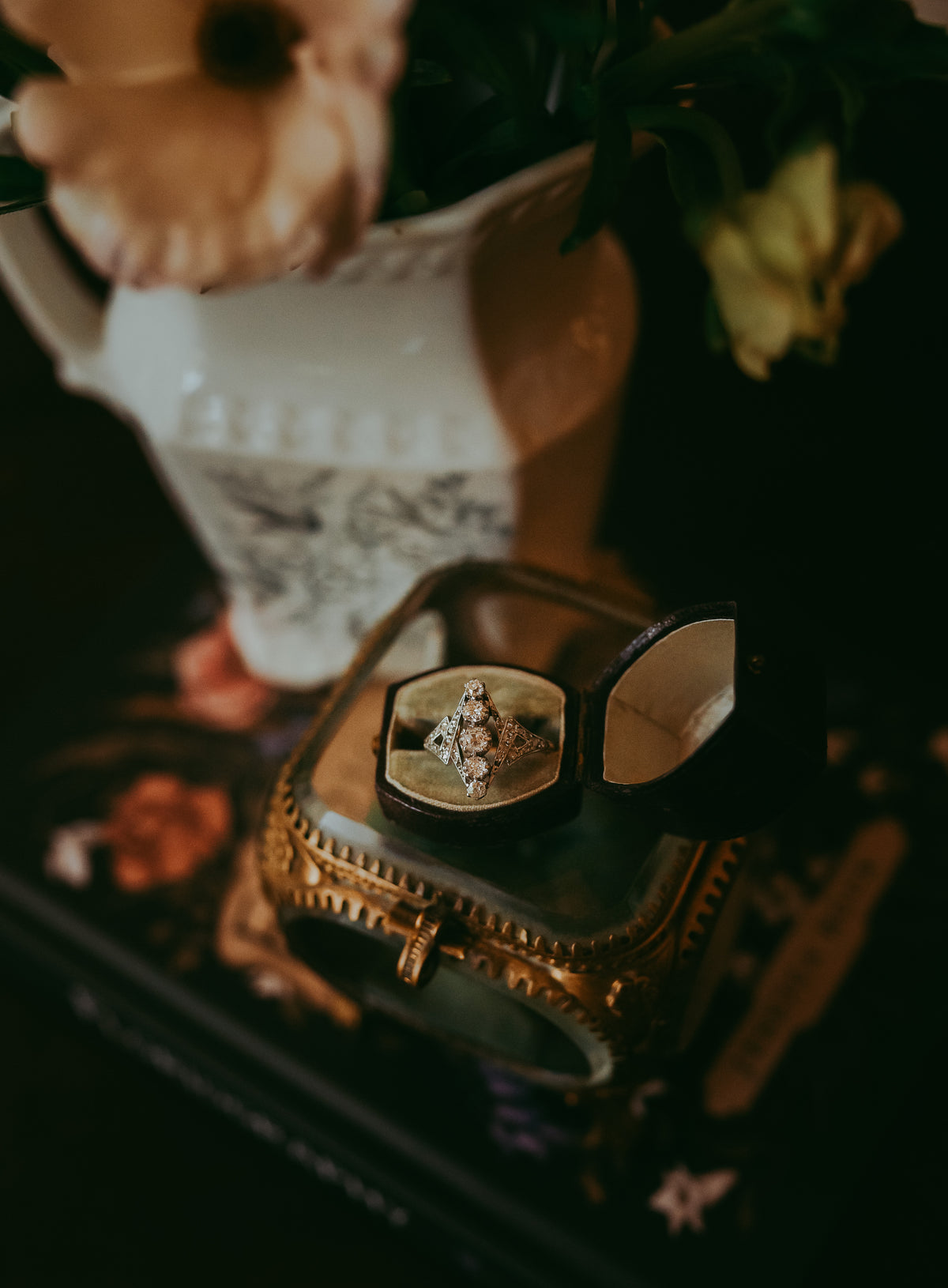 Edwardian 18K Gold Platinum Diamond Ring with Old Mine Rose Cut Diamonds Gift Fiery Sparkle
