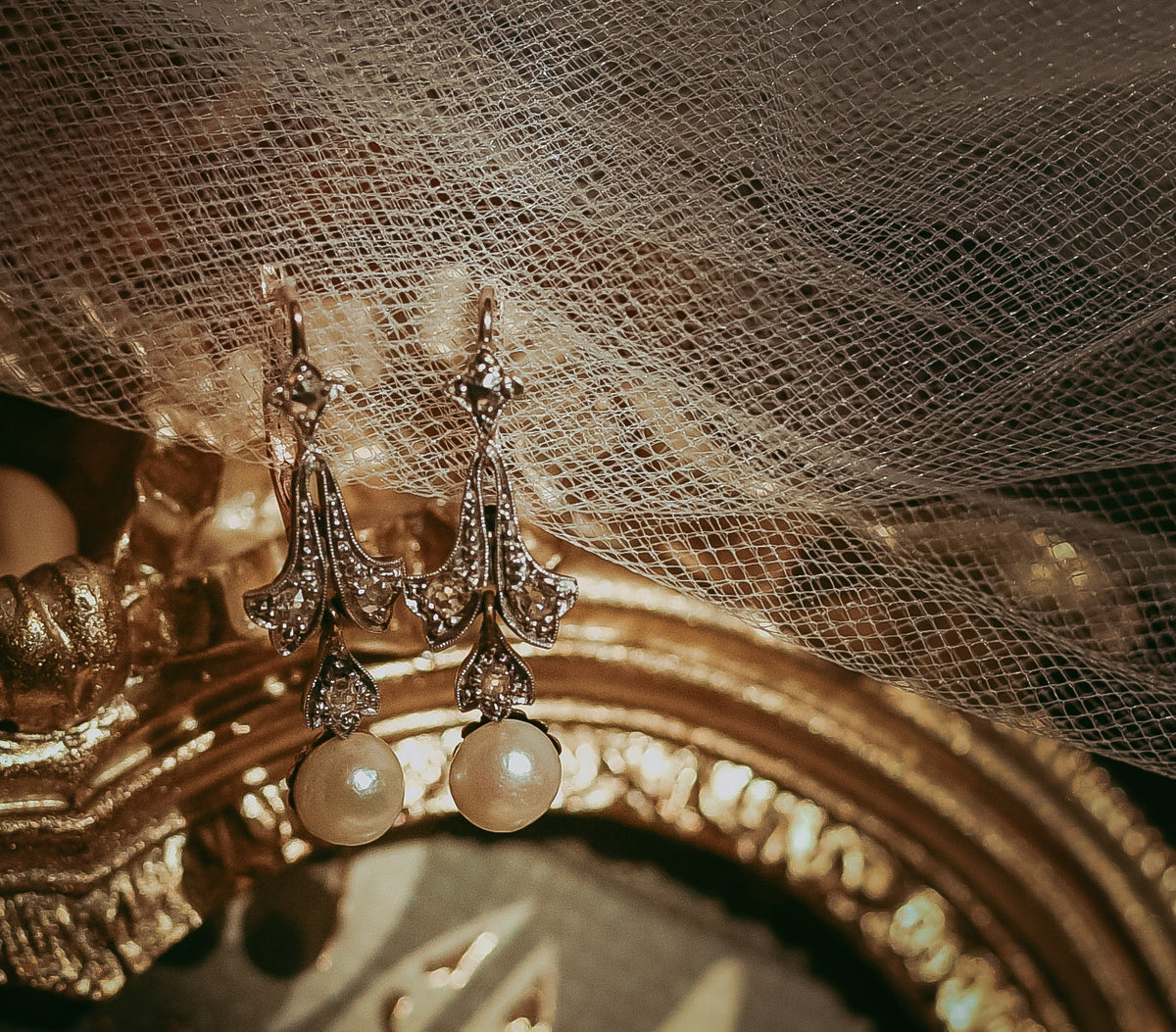 Antique Edwardian 18K Gold & Platinum Topped Pearl Drop Earrings, c. 1900-1915 Bridal Gift Rose Cut Diamonds