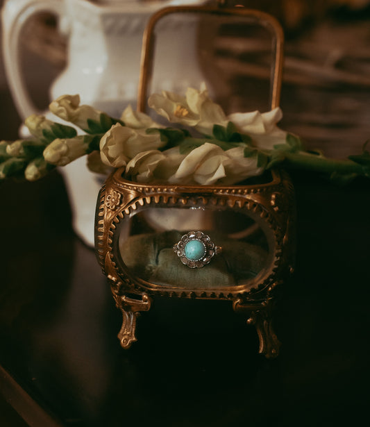 Early 19th Century Georgian Turquoise & Rose Cut Diamond Ring, circa 1800, 14K yellow gold
