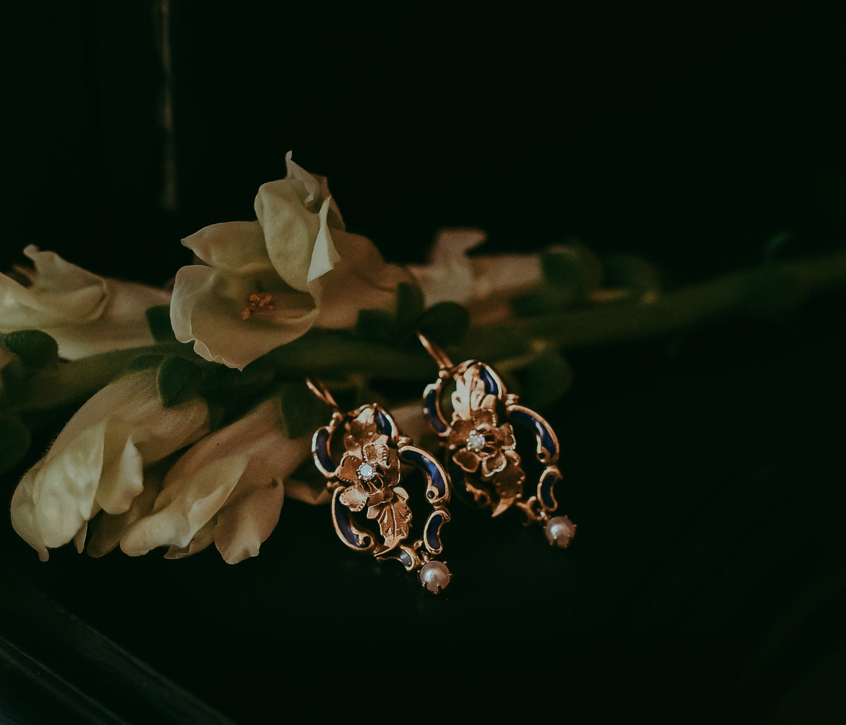 Vintage 14K Gold Blue Enamel Floral Drop Earrings with Pearls & Diamonds, circa 1930