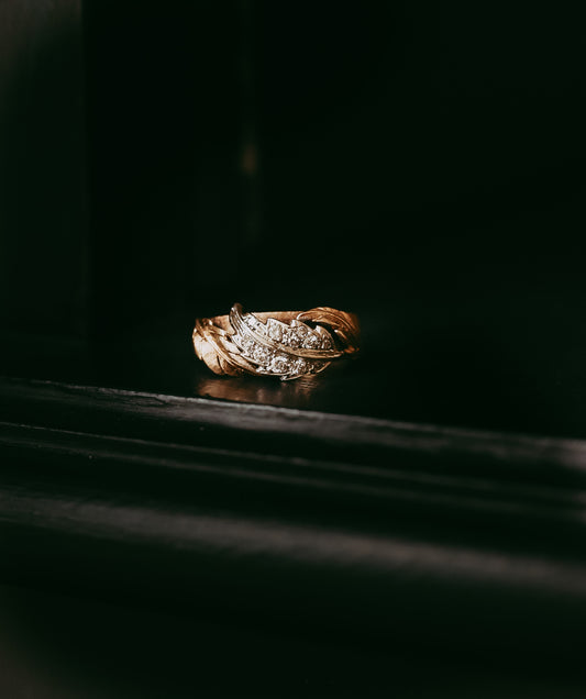 Vintage Spritzer & Fuhrmann Two-Tone 14K+ Gold Diamond Ring Nature Motif Statement Ring