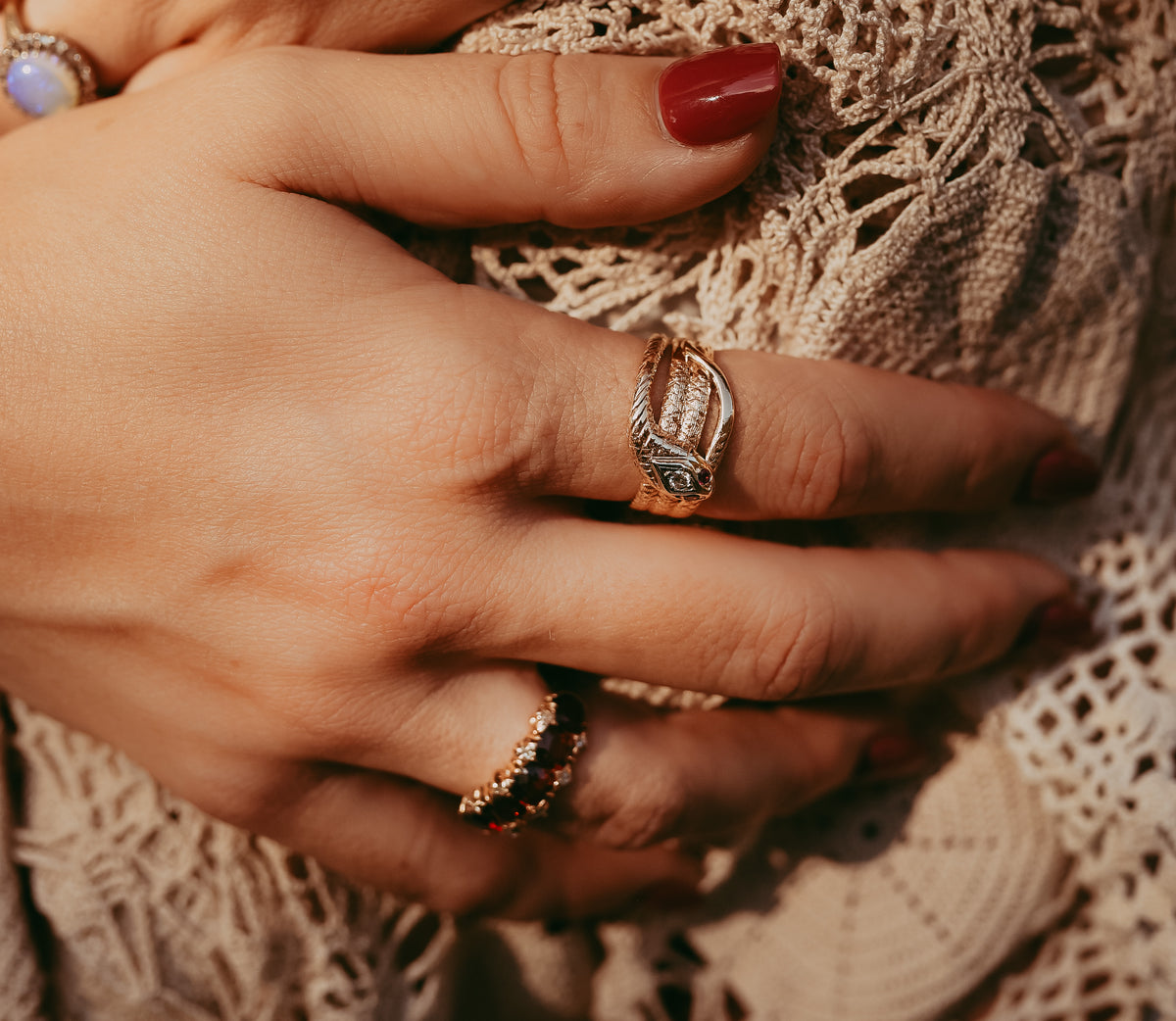 Antique Victorian 10K Gold Snake | Serpent Ring with Diamond & Red Gemstone Eyes