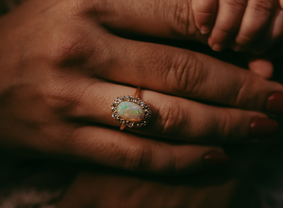 Antique Victorian Opal & Diamond Ring in 14K Gold, c. 1890 Cushion Cut Diamonds