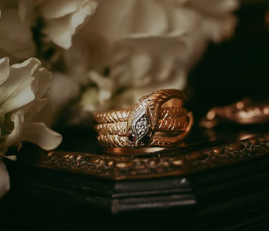 Antique Victorian 10K Gold Snake | Serpent Ring with Diamond & Red Ruby Eyes
