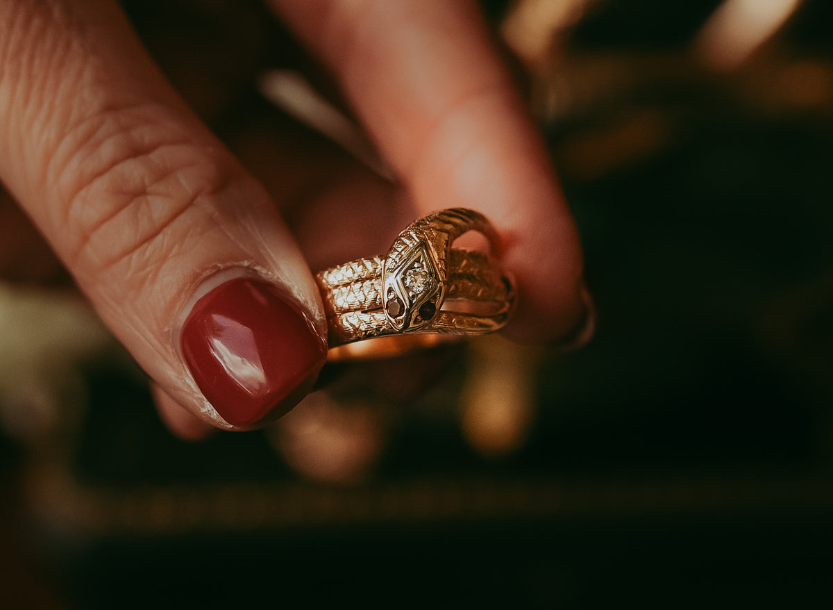 Antique Victorian 10K Gold Snake | Serpent Ring with Diamond & Red Gemstone Eyes