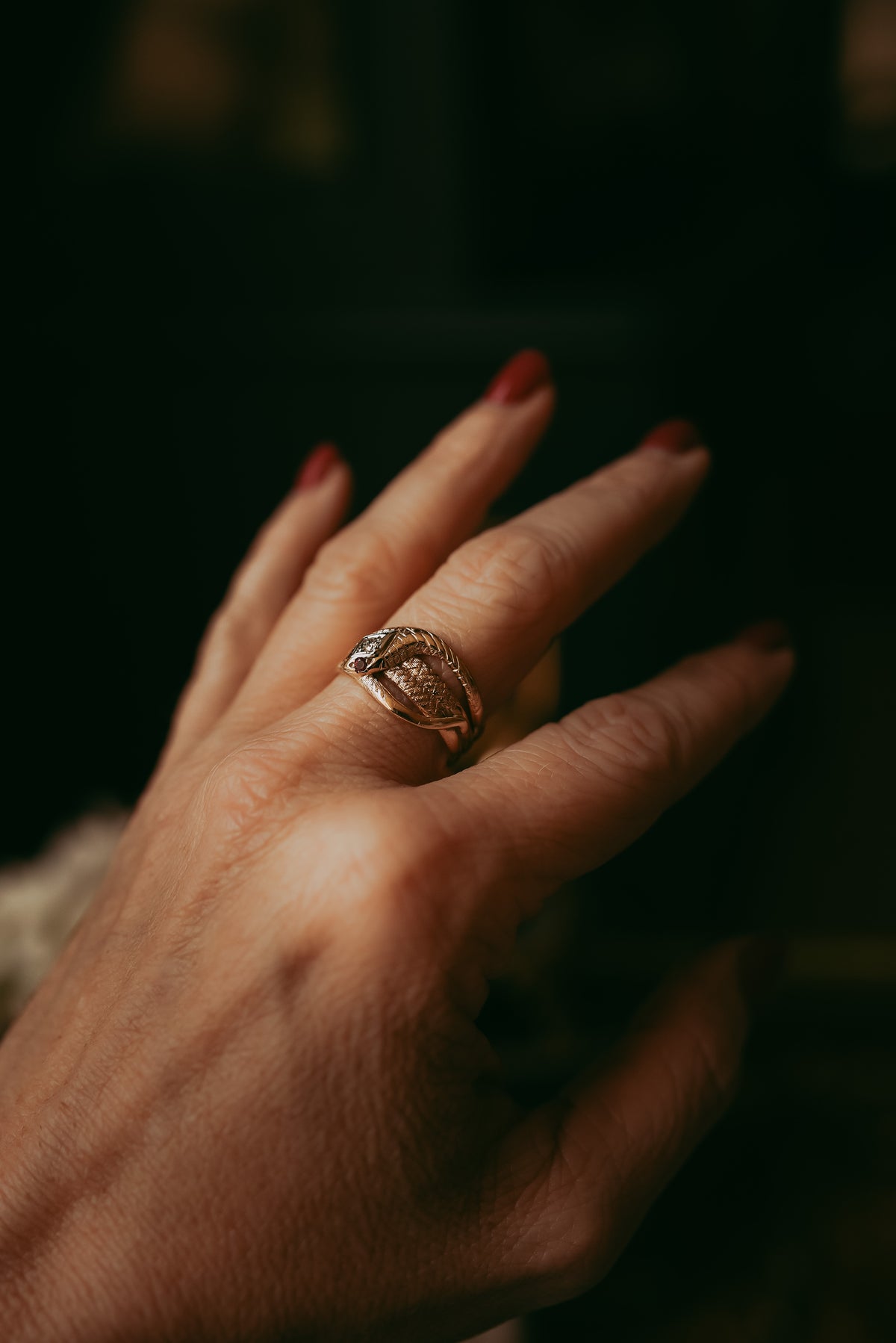 Antique Victorian 10K Gold Snake | Serpent Ring with Diamond & Red Gemstone Eyes