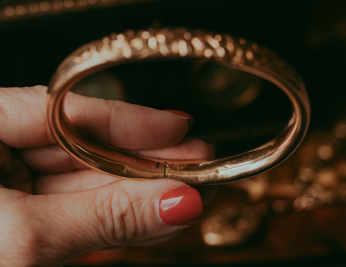 Antique Victorian Gold-Filled Oval Slip-On Bangle Bracelet | Floral Gold Bangle