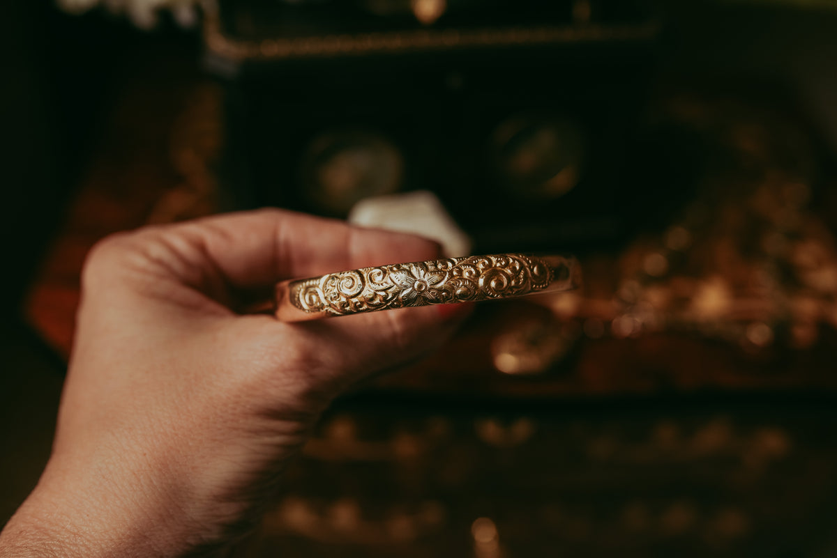 Antique Victorian Gold-Filled Oval Slip-On Bangle Bracelet | Floral Gold Bangle
