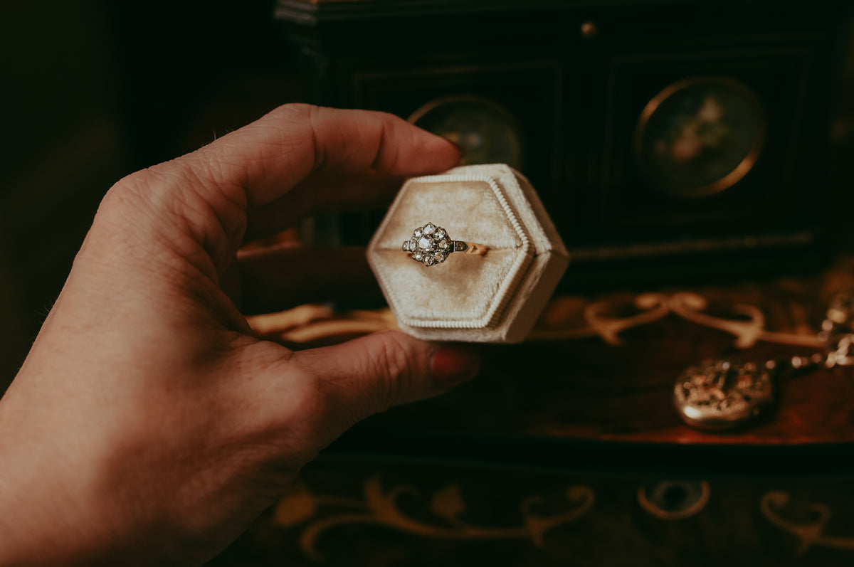 Antique French Rose Cut Diamond Daisy Cluster Ring 18K Gold French Hallmarks