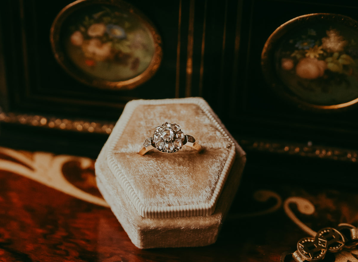 Antique French Rose Cut Diamond Daisy Cluster Ring 18K Gold French Hallmarks