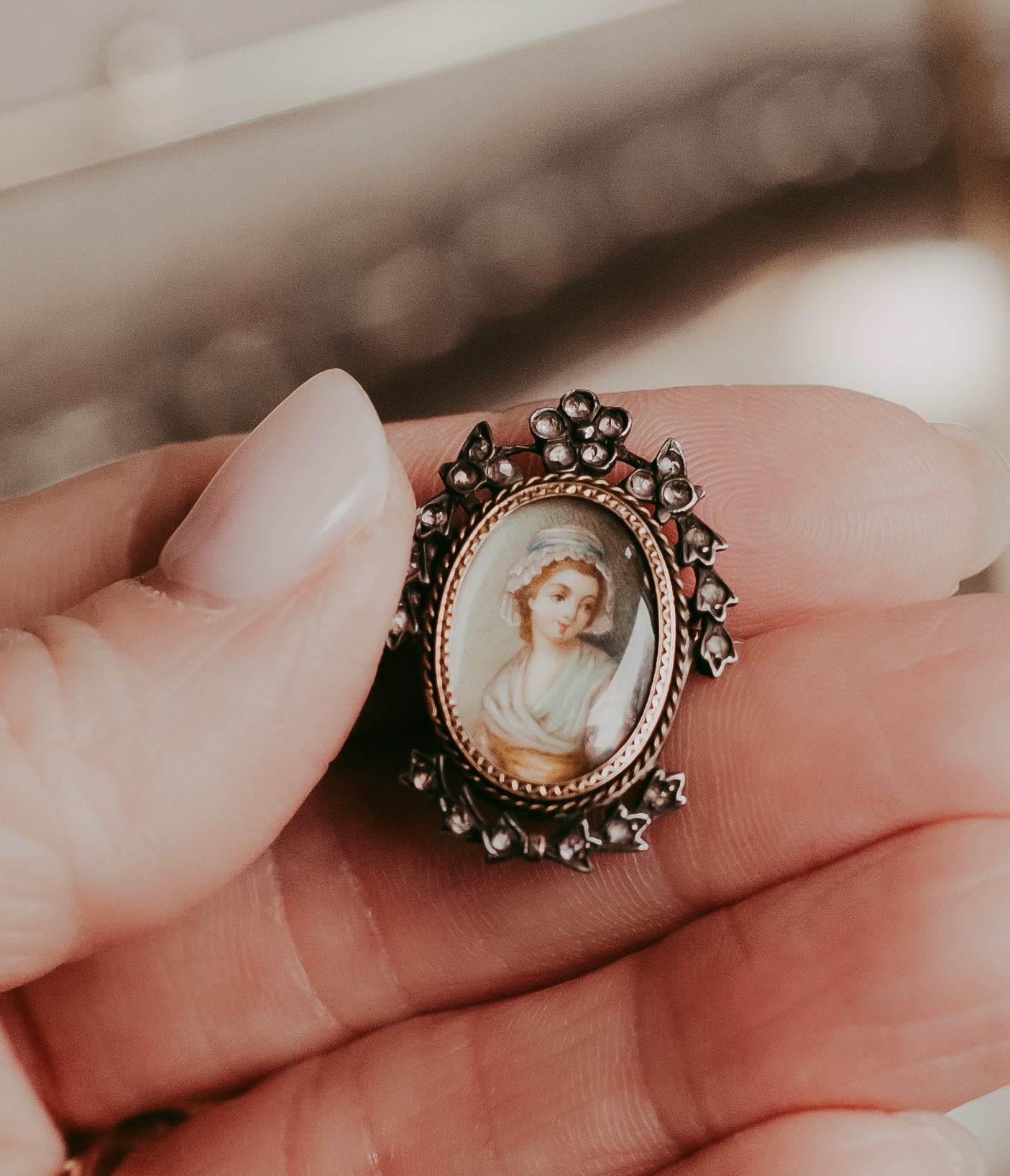 My Darling Juliet | Miniature Silver and Diamond Portrait Pin