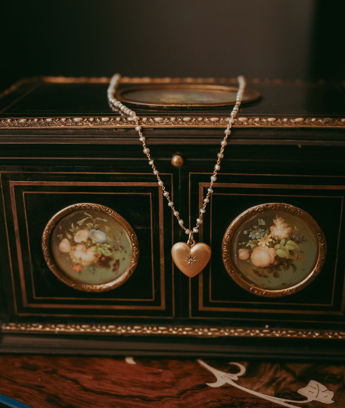 Victorian Seed Pearl & 14K Gold Heart Necklace with Diamond Accent, Antique Pearl Chain
