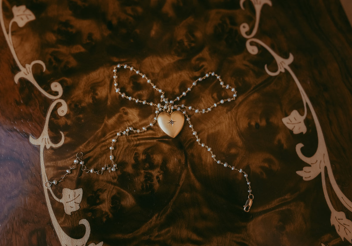 Victorian Seed Pearl & 14K Gold Heart Necklace with Diamond Accent, Antique Pearl Chain
