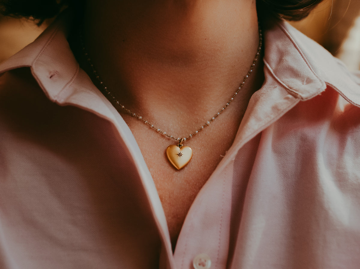 Victorian Seed Pearl & 14K Gold Heart Necklace with Diamond Accent, Antique Pearl Chain