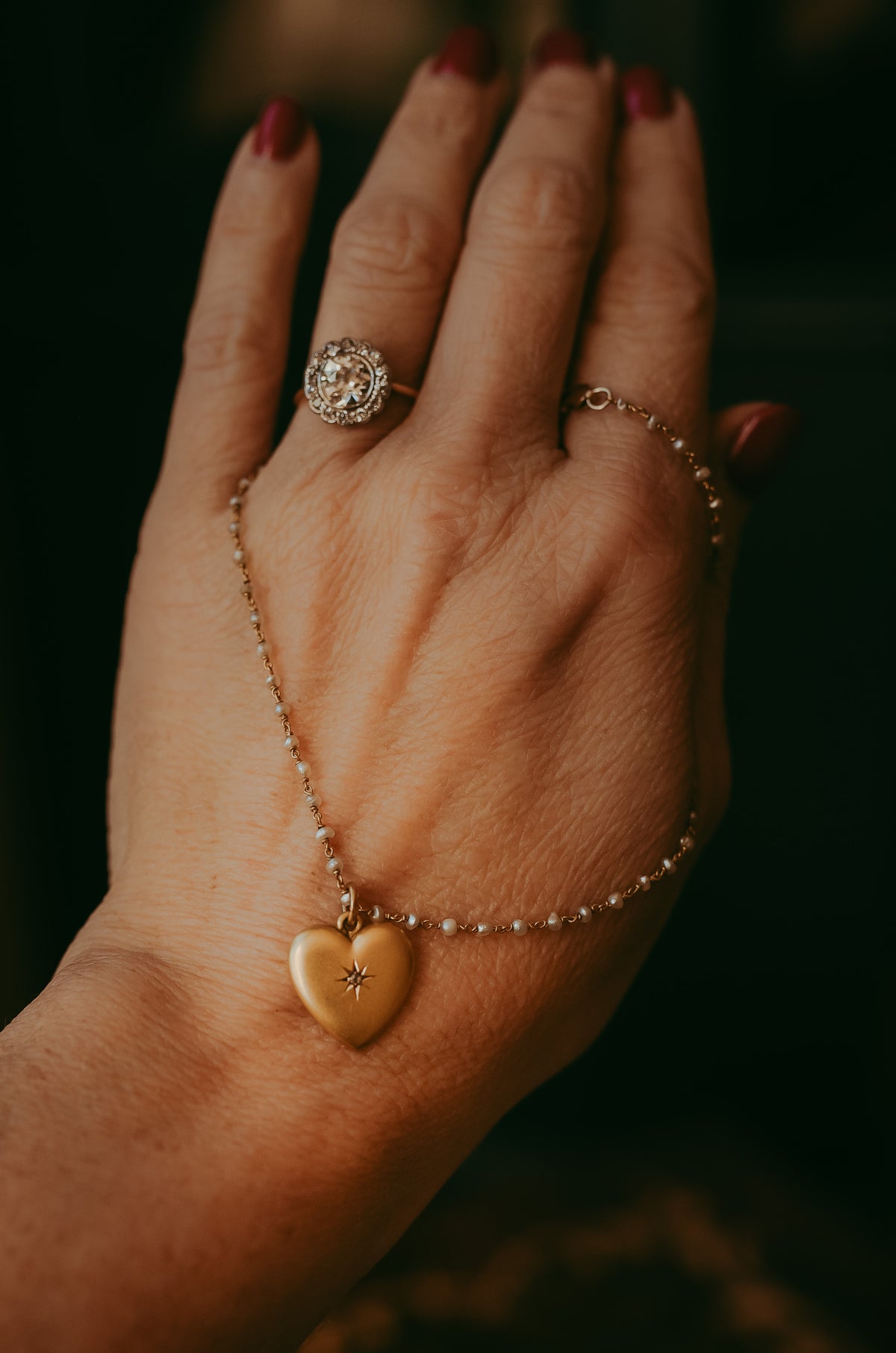 Victorian Seed Pearl & 14K Gold Heart Necklace with Diamond Accent, Antique Pearl Chain