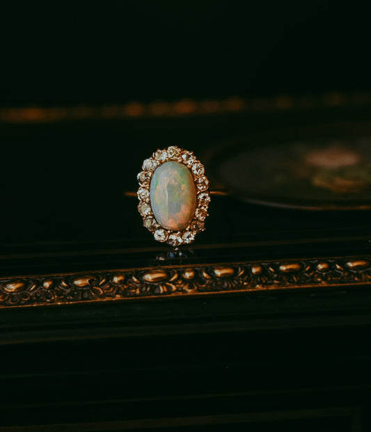 Antique Victorian Opal & Diamond Ring in 14K Gold, c. 1890 Cushion Cut Diamonds