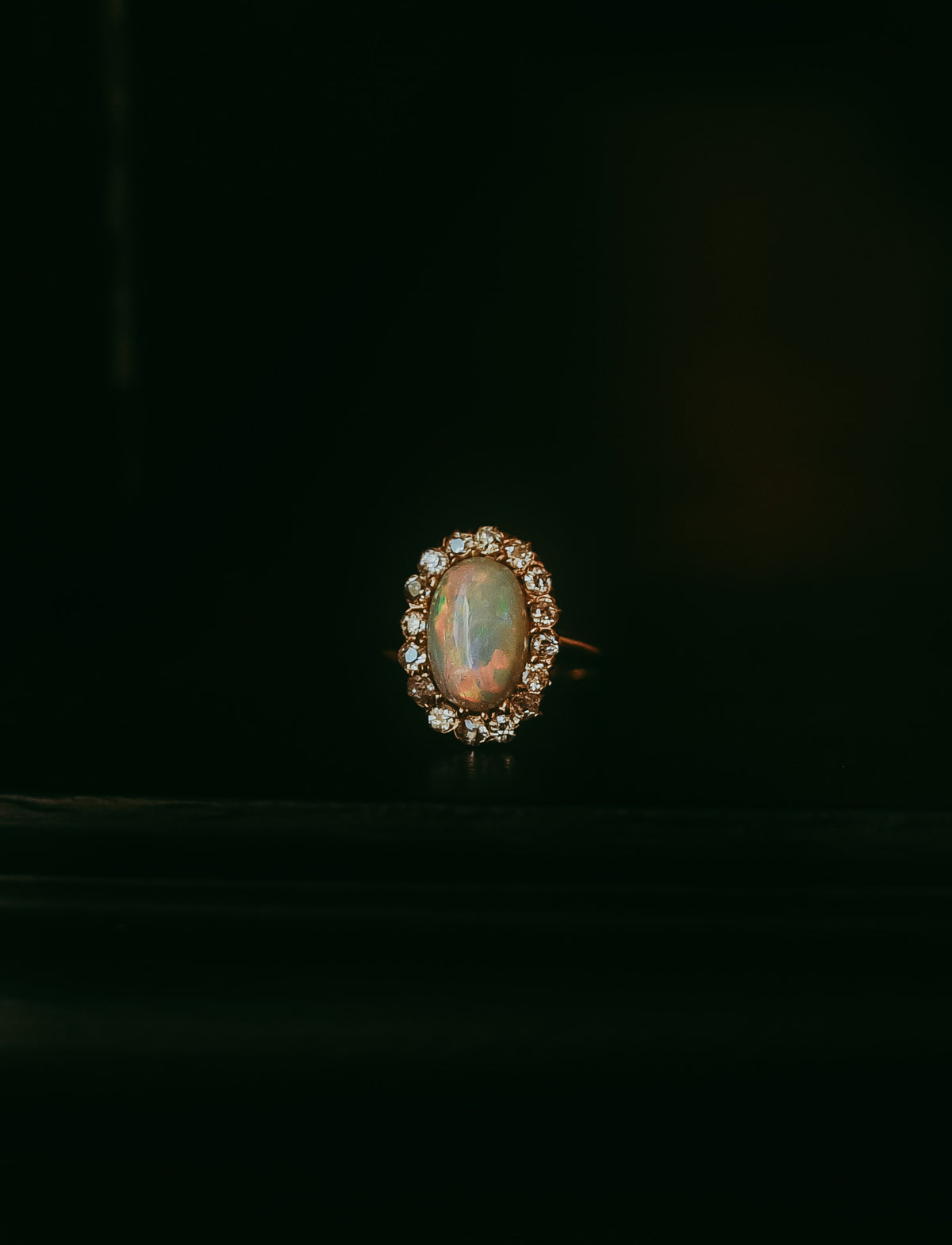 Antique Victorian Opal & Diamond Ring in 14K Gold, c. 1890 Cushion Cut Diamonds