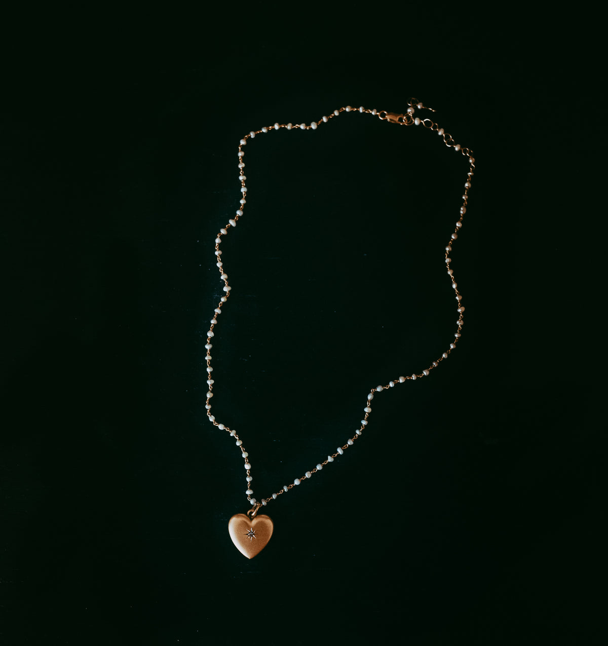 Victorian Seed Pearl & 14K Gold Heart Necklace with Diamond Accent, Antique Pearl Chain