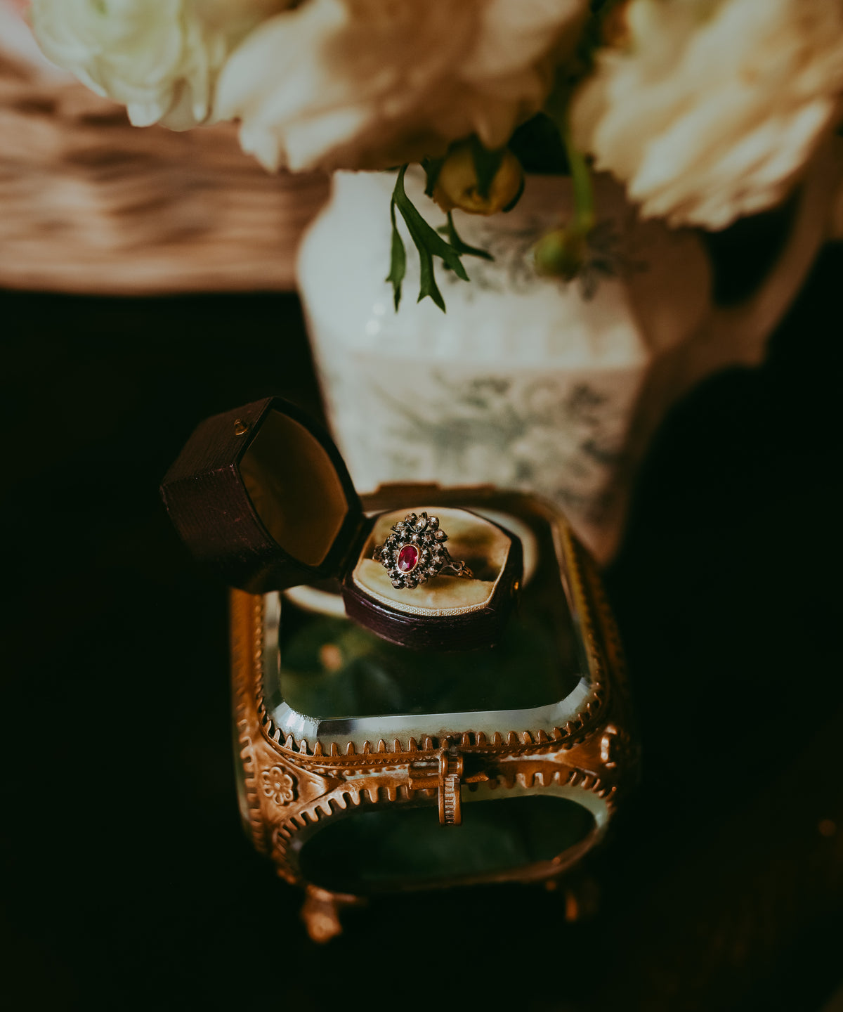 Georgian Ruby & Rose-Cut Diamond Heart Ring in 18K Gold with Floral Like Crown