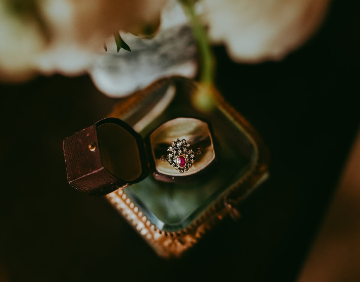 Georgian Ruby & Rose-Cut Diamond Heart Ring in 18K Gold with Floral Like Crown